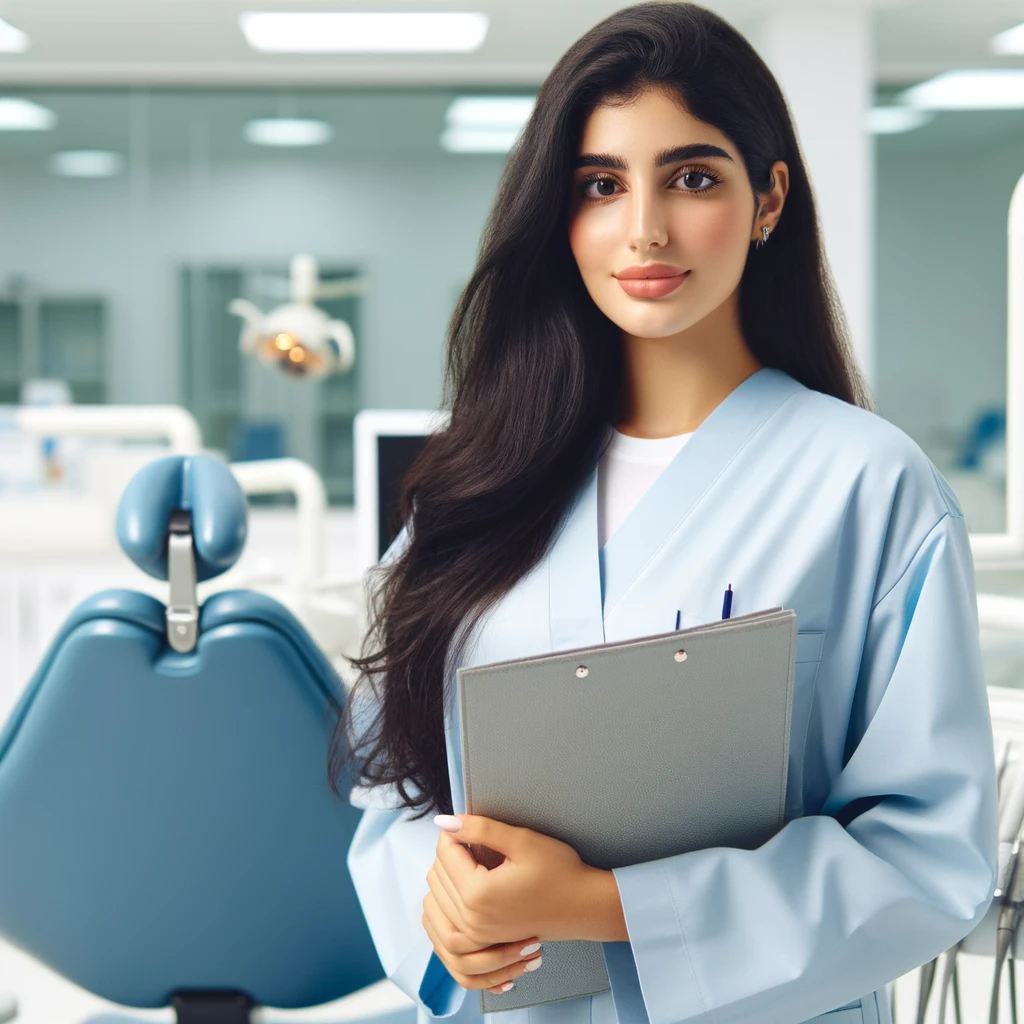 DALL·E 2023-12-13 00.53.38 - A portrait of an Arab dentist, female, in her late 20s, with long dark hair, wearing a light blue dentist coat. She's in a dental clinic, holding a pa