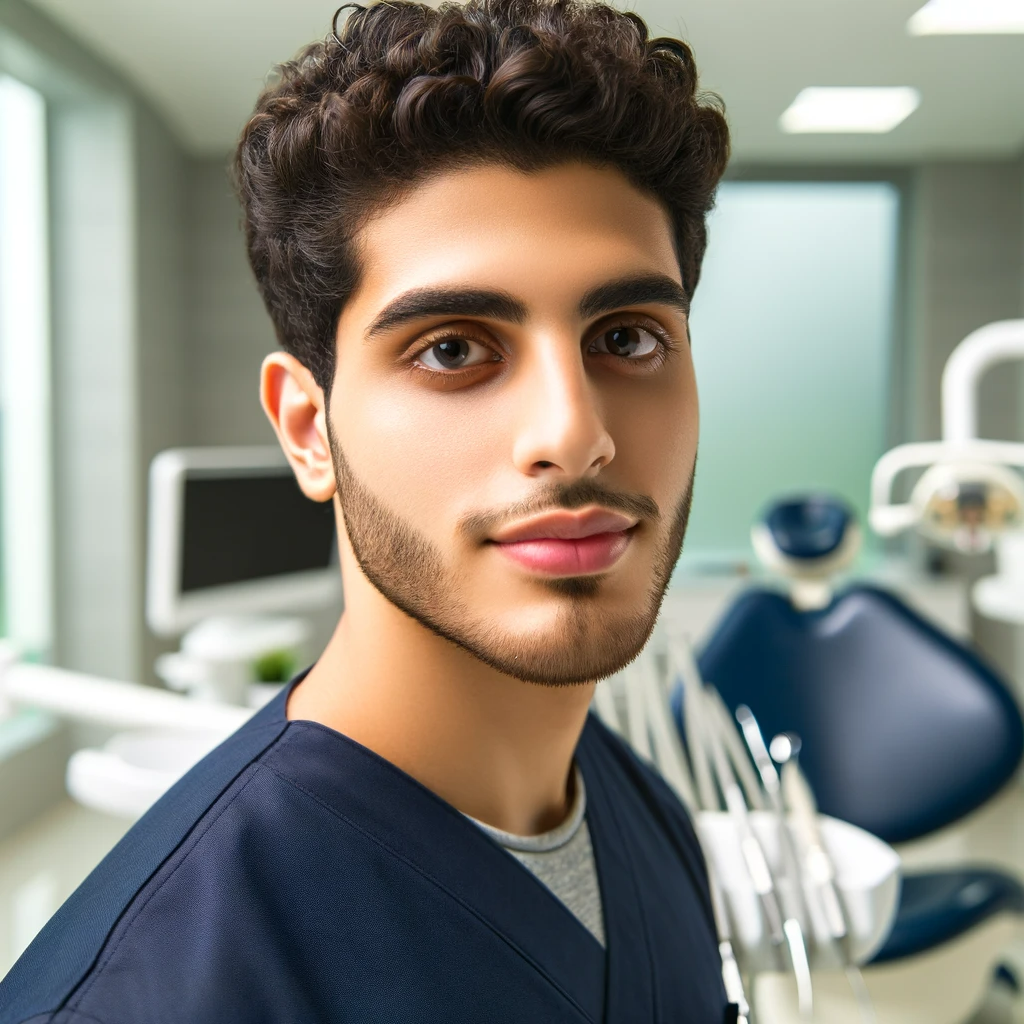 DALL·E 2023-12-13 00.57.07 - A portrait of a young Arab male dentist in his early 30s, with short curly hair and no facial hair. He is wearing a navy blue dentist coat and is stan