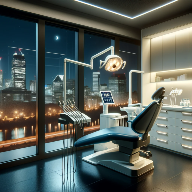 DALL·E 2023-12-13 01.02.27 - A modern dental clinic unit at night, located beside a wide window. The window offers a view of a city skyline illuminated by night lights. The clinic