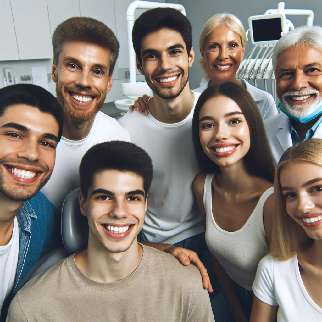 DALL·E 2023-12-13 01.41.02 - A photo inside a dental clinic where a group of patients of diverse descents, including Caucasian, Black, Hispanic, and Asian, are smiling happily. Th